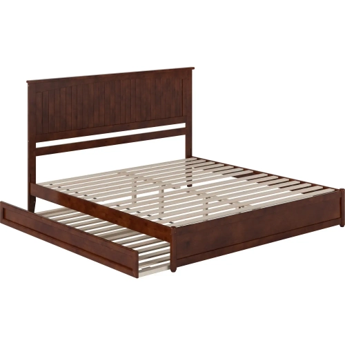 Malta King Platform Bed with Panel Footboard, Twin XL Trundle & Charging in Walnut Finish