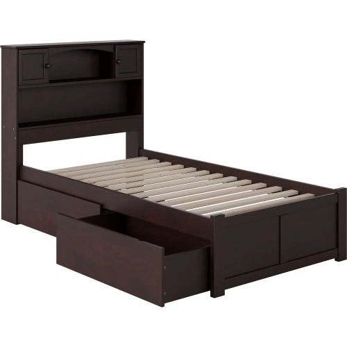 Newport Bookcase Twin Bed with Flat Panel Footboard & Urban Bed Drawers in Espresso