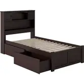Newport Bookcase Twin Bed with Flat Panel Footboard & Urban Bed Drawers in Espresso