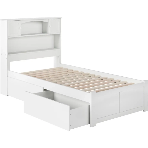 Newport Bookcase Twin Bed with Flat Panel Footboard & Urban Bed Drawers in White