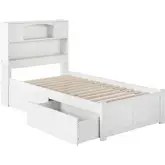 Newport Bookcase Twin Bed with Flat Panel Footboard & Urban Bed Drawers in White
