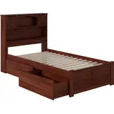 Newport Bookcase Twin Bed with Flat Panel Footboard & Urban Bed Drawers in Antique Walnut