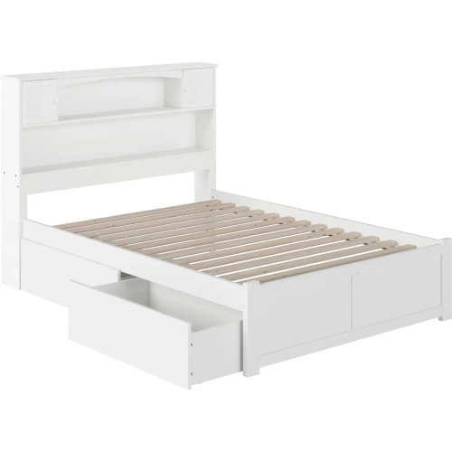 Newport Bookcase Full Bed with Flat Panel Footboard & 2 Urban Bed Drawers in White