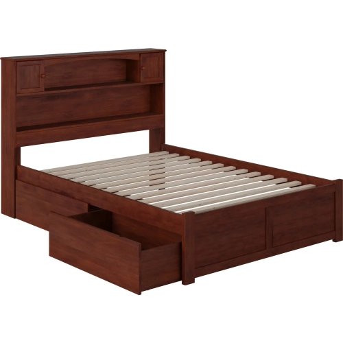 Newport Bookcase Full Bed with Flat Panel Footboard & 2 Urban Bed Drawers in Antique Walnut