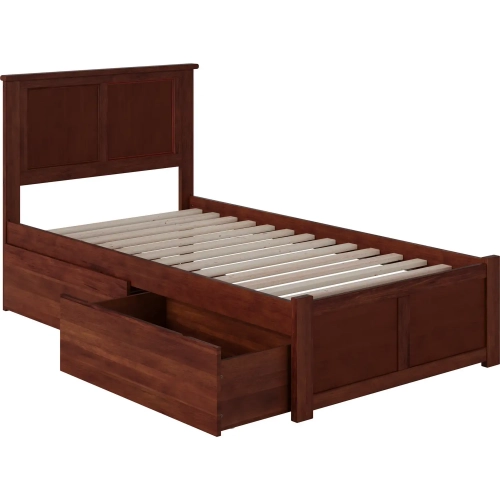 Madison Twin XL Platform Bed with Footboard & 2 Drawers in Walnut Wood