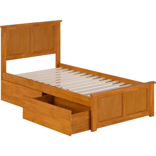 Madison Twin Platform Bed with Footboard & 2 Drawers in Toffee Wood