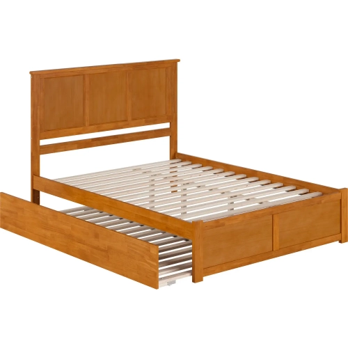 Madison Queen Platform Bed with Footboard & Twin XL Trundle in Toffee Wood