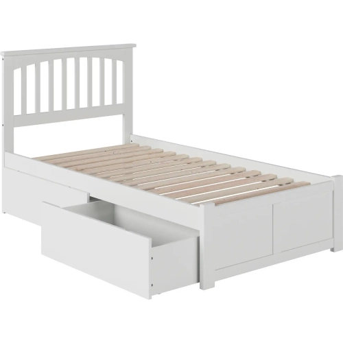 Mission Twin XL Platform Bed with Footboard & 2 Drawers in White Wood