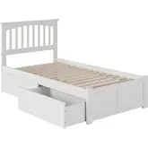 Mission Twin XL Platform Bed with Footboard & 2 Drawers in White Wood