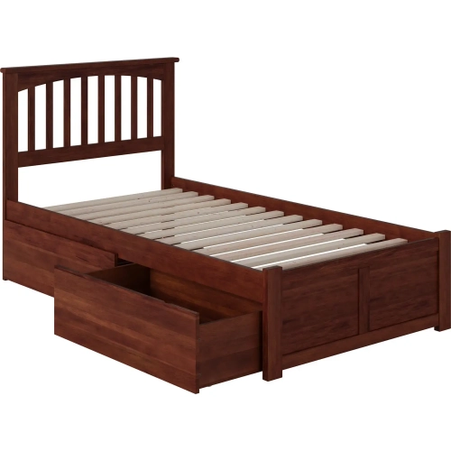 Mission Twin XL Platform Bed with Footboard & 2 Drawers in Walnut Wood