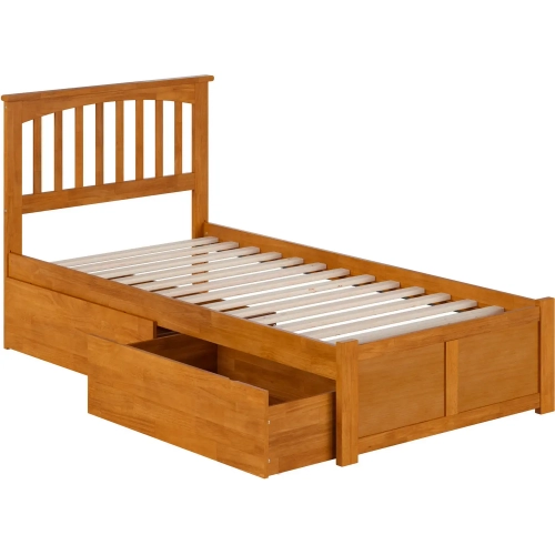 Mission Twin XL Platform Bed with Footboard & 2 Drawers in Toffee Wood