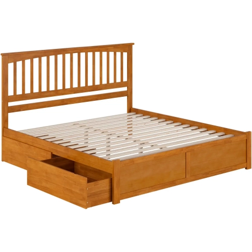 Mission King Platform Bed with Footboard & 2 Drawers in Toffee Wood