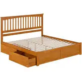 Mission King Platform Bed with Footboard & 2 Drawers in Toffee Wood