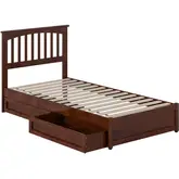 Everett Twin XL Platform Bed with Panel Footboard & 2 Drawers in Walnut Wood