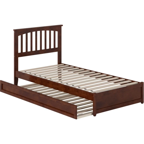 Everett Twin XL Platform Bed with Panel Footboard & Twin XL Trundle in Walnut Wood