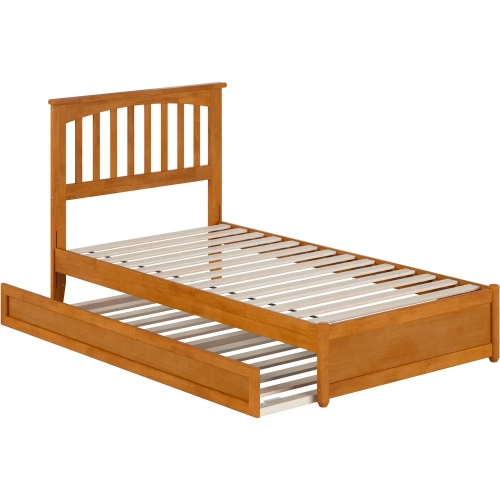 Everett Twin Platform Bed with Panel Footboard & Twin Trundle in Toffee Wood