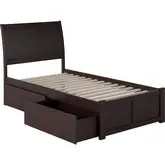 Portland Twin XL Bed with Flat Panel Footboard & 2 Bed Drawers in Espresso