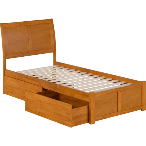 Portland Twin XL Platform Bed with Footboard, 2 Drawers & Charging in Light Toffee