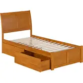 Portland Twin XL Platform Bed with Footboard, 2 Drawers & Charging in Light Toffee