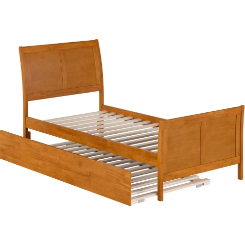 Portland Twin XL Platform Bed with Footboard & Twin XL Trundle in Toffee Wood