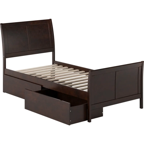Portland Twin XL Platform Bed with Footboard & Drawers in Espresso Wood