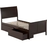 Portland Twin XL Platform Bed with Footboard & Drawers in Espresso Wood