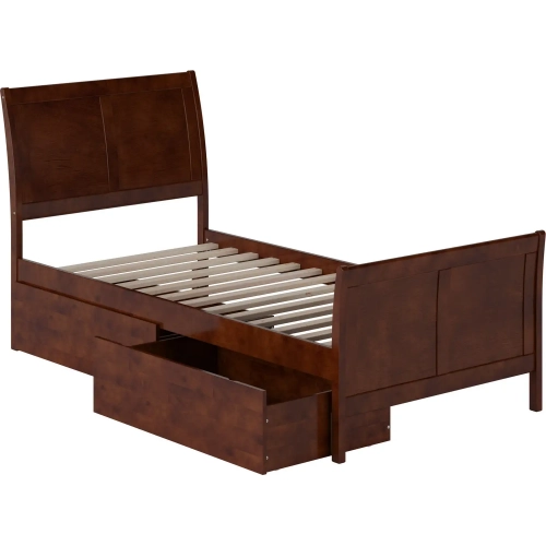 Portland Twin XL Platform Bed with Footboard & Drawers in Walnut Wood