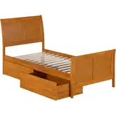 Portland Twin XL Platform Bed with Footboard & Drawers in Toffee Wood