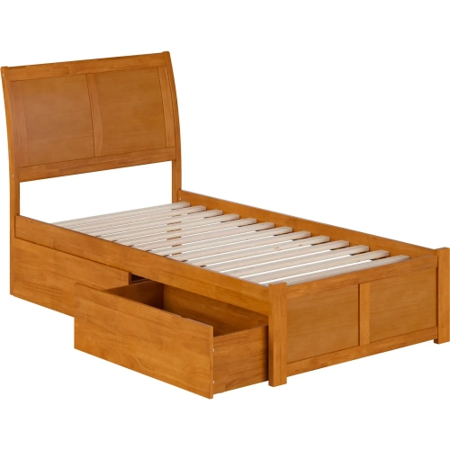 Portland Twin Platform Bed with Footboard, 2 Drawers & Charging in Light Toffee