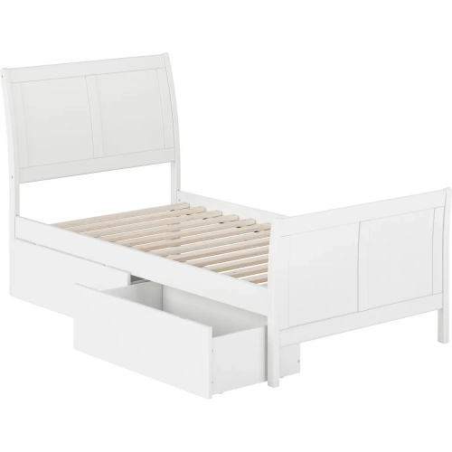 Portland Twin Platform Bed with Footboard & Drawers in White Wood