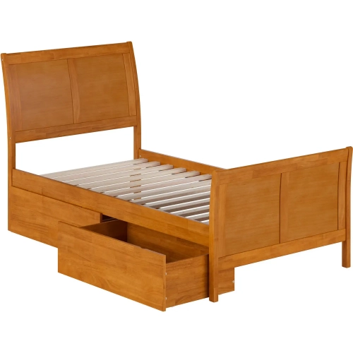 Portland Twin Platform Bed with Footboard & Drawers in Toffee Wood