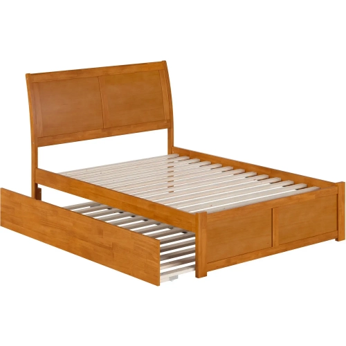 Portland Full Platform Bed with Footboard, Twin Trundle & Charging in Light Toffee