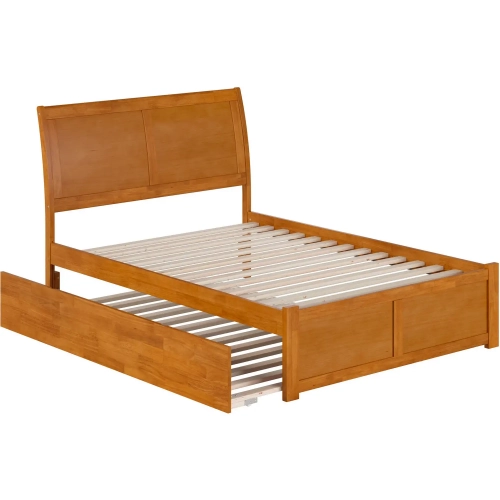 Portland Full Platform Bed with Footboard, Full Trundle & Charging in Light Toffee
