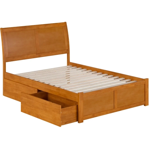 Portland Full Platform Bed with Footboard, 2 Drawers & Charging in Light Toffee