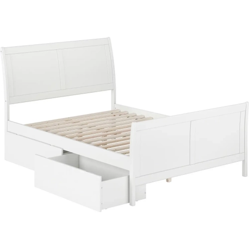 Portland Full Platform Bed with Footboard & Drawers in White Wood