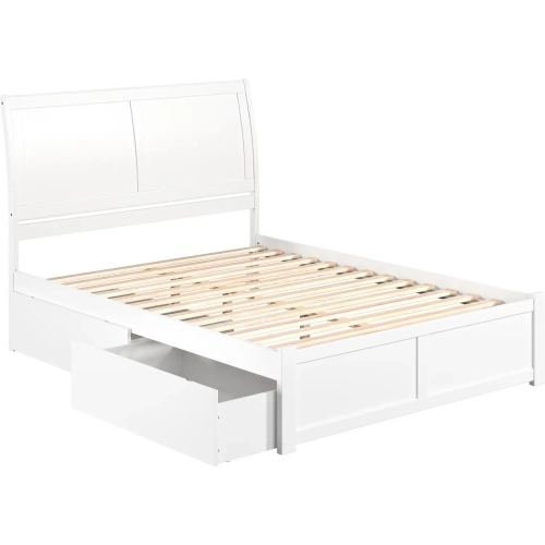 Portland Queen Platform Bed with Footboard & 2 Storage Drawers in White Finish Wood