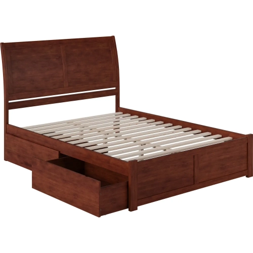 Portland Queen Bed with Flat Panel Footboard & 2 Urban Bed Drawers in Antique Walnut