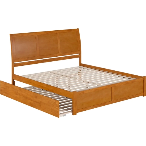 Portland King Platform Bed with Footboard, Twin XL Trundle & Charging in Light Toffee