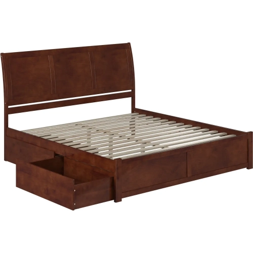 Portland King Bed with Flat Panel Footboard & 2 Urban Bed Drawers in Antique Walnut