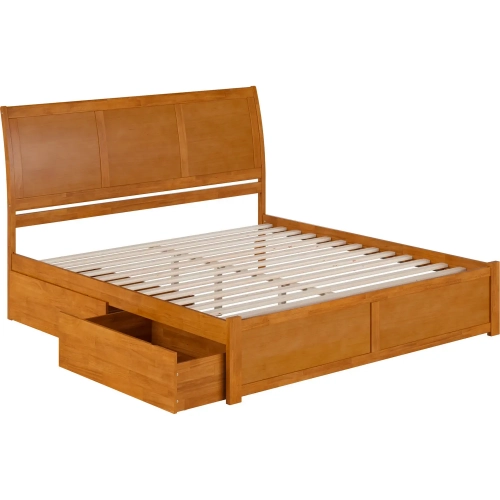 Portland King Platform Bed with Footboard, 2 Drawers & Charging in Light Toffee