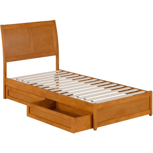 Andorra Twin XL Platform Bed with Panel Footboard, Drawers & Charging in Light Toffee