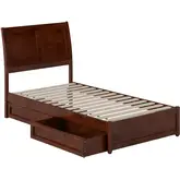 Andorra Twin Platform Bed with Panel Footboard, Drawers & Charging in Walnut Finish
