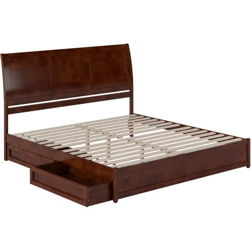 Andorra King Platform Bed with Panel Footboard, Drawers & Charging in Walnut Finish