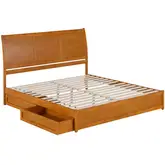 Andorra King Platform Bed with Panel Footboard, Drawers & Charging in Light Toffee