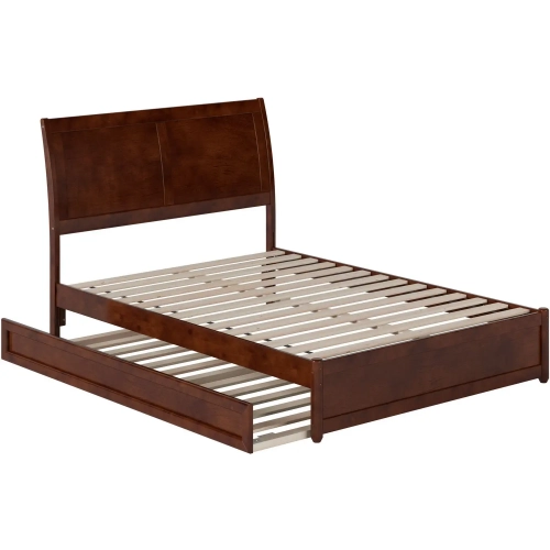 Andorra Full Platform Bed with Panel Footboard, Twin Trundle & Charging in Walnut Finish