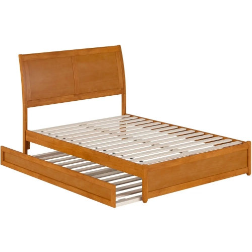 Andorra Full Platform Bed with Panel Footboard, Twin Trundle & Charging in Light Toffee