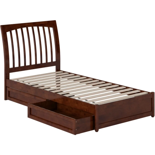 Roslyn Twin XL Platform Bed with Panel Footboard, Drawers & Charging in Walnut Finish