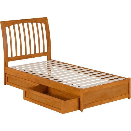 Roslyn Twin XL Platform Bed with Panel Footboard, Drawers & Charging in Light Toffee