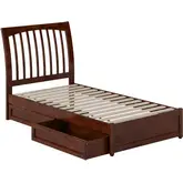 Roslyn Twin Platform Bed with Panel Footboard, Drawers & Charging in Walnut Finish