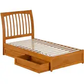 Roslyn Twin Platform Bed with Panel Footboard, Drawers & Charging in Light Toffee